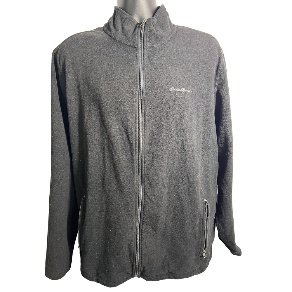 Eddie Bauer Fleece Jacket Mens XL Tall Black Full Zip Mock Neck Pockets Coat